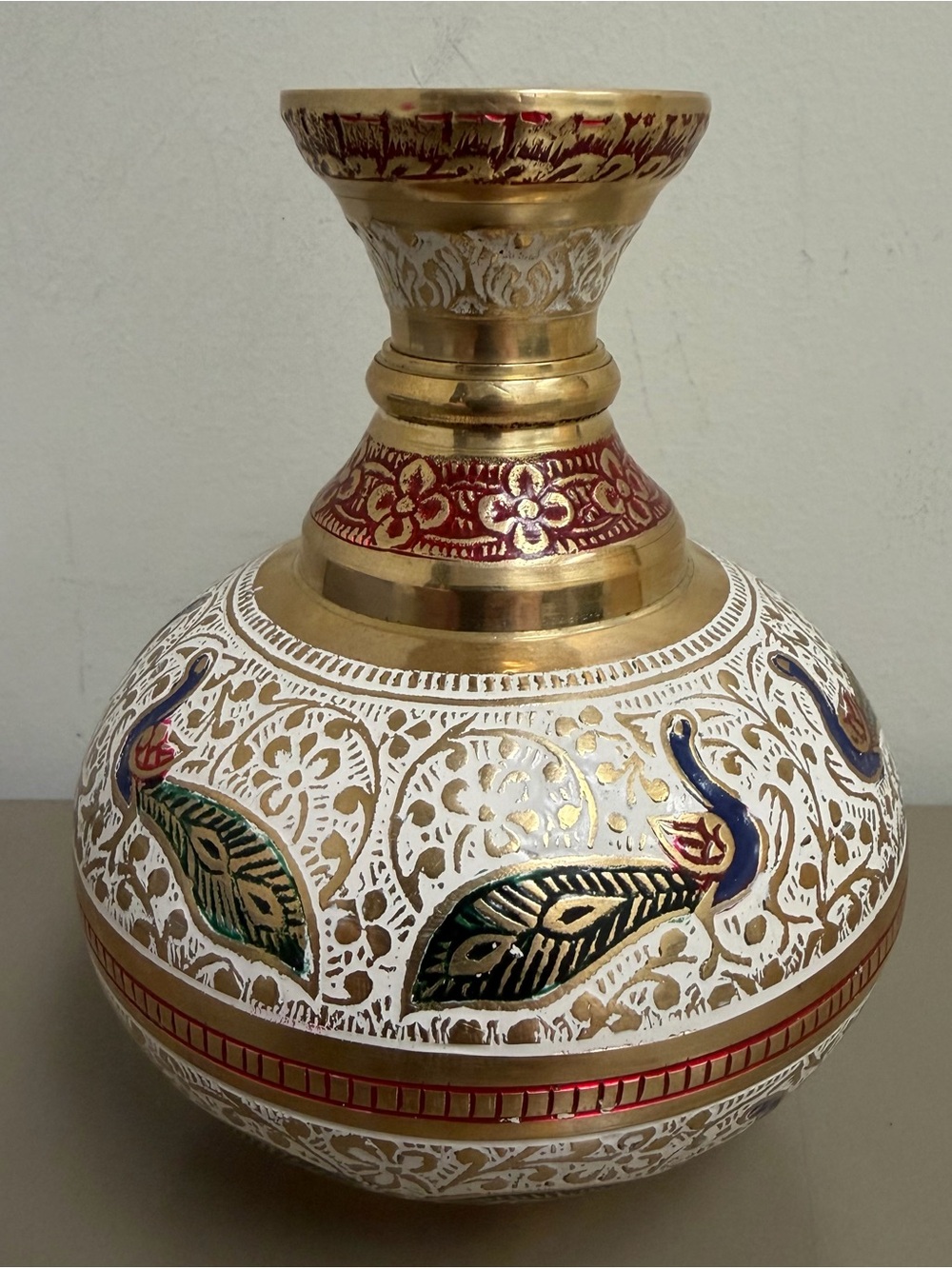 Vintage Indian Brass Peacock Vase Etched Enamel Meenakari Champleve Boho Decor